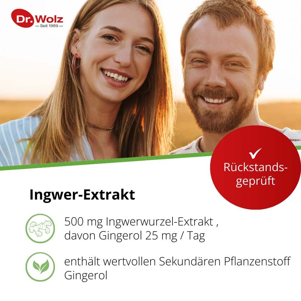Zwei lächelnde Personen vor sonnigem Hintergrund. Produktname und Informationen. Rückstandsgeprüft-Siegel.