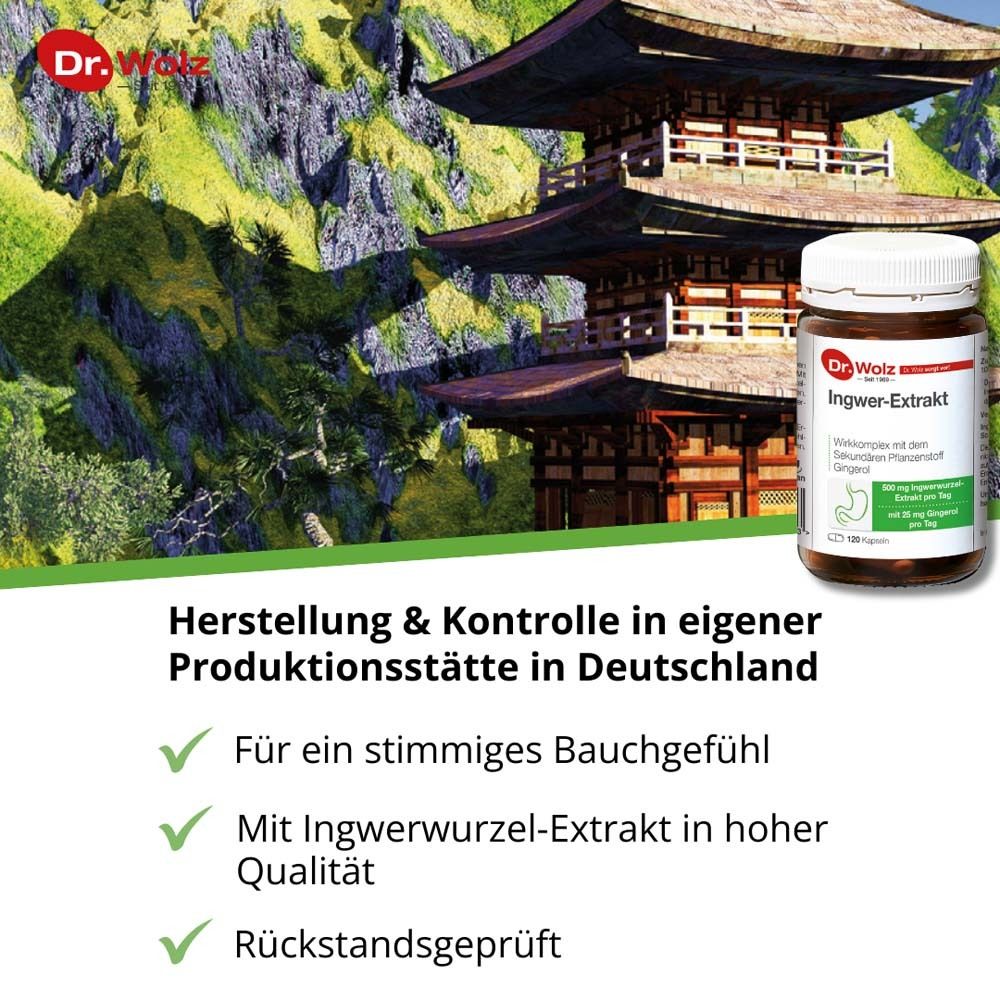 Produktflasche vor Hintergrund mit Tempel. Text: Herstellung & Kontrolle in Deutschland. Siegel: Rückstandsgeprüft.