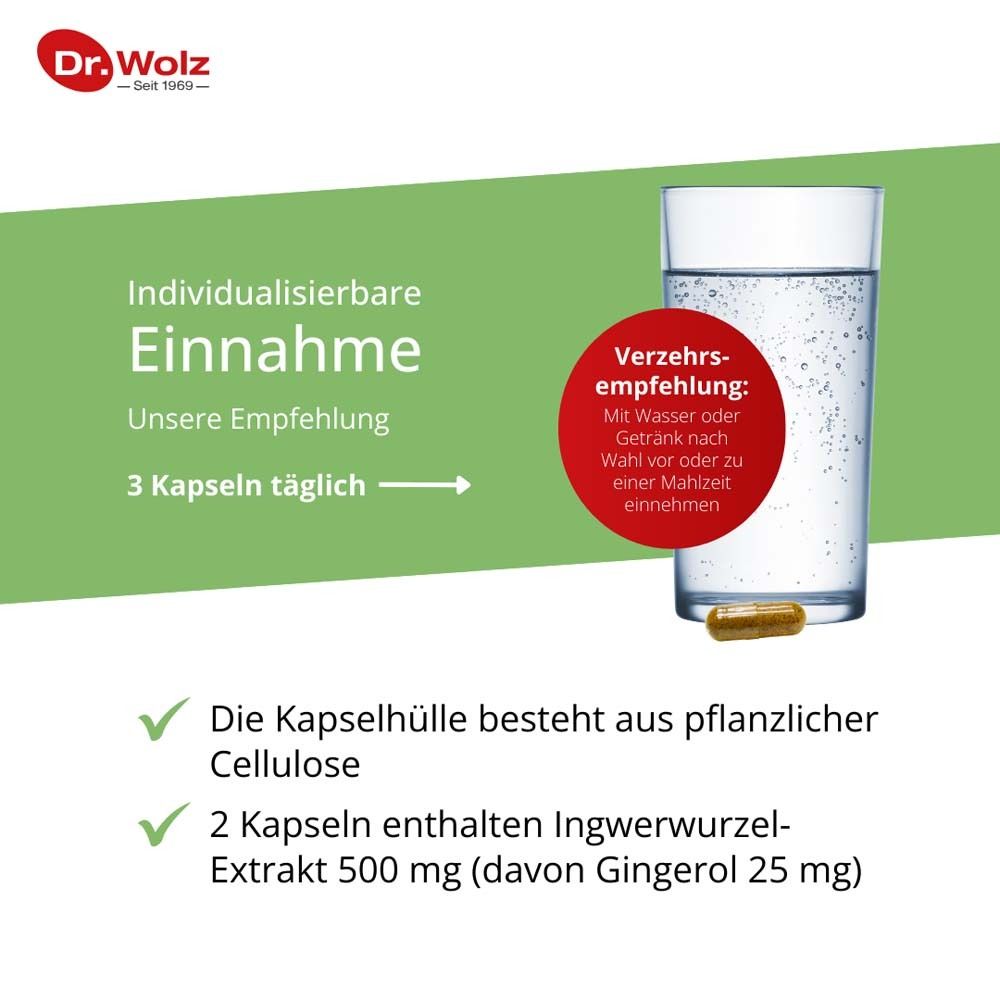 Glas mit Wasser und Kapsel. Text: Einnahmeempfehlung: 3 Kapseln täglich. Siegel: Verzehrsempfehlung.