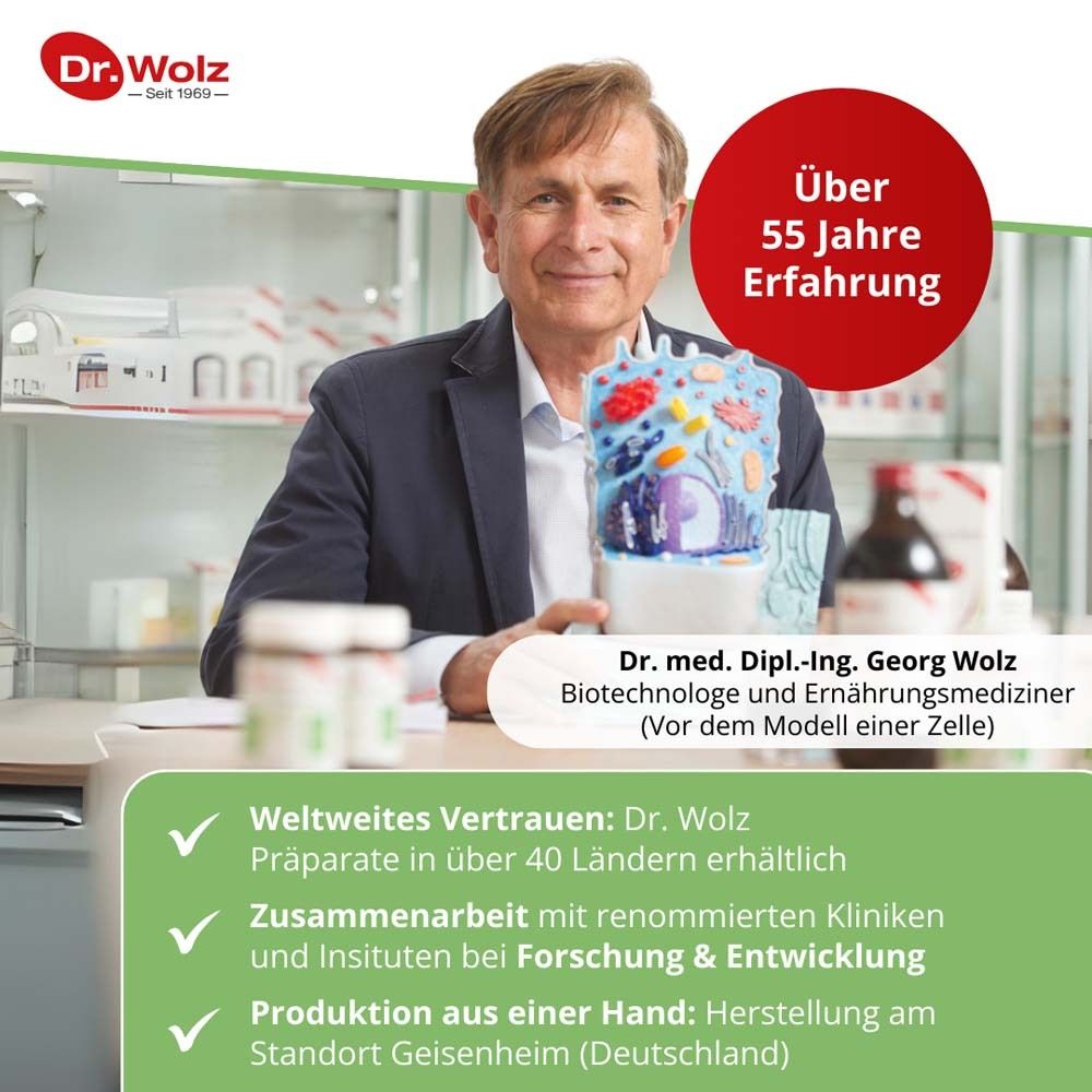 Mann mit Modell einer Zelle. Text: Über 55 Jahre Erfahrung. Siegel: Weltweites Vertrauen, Forschung & Entwicklung.