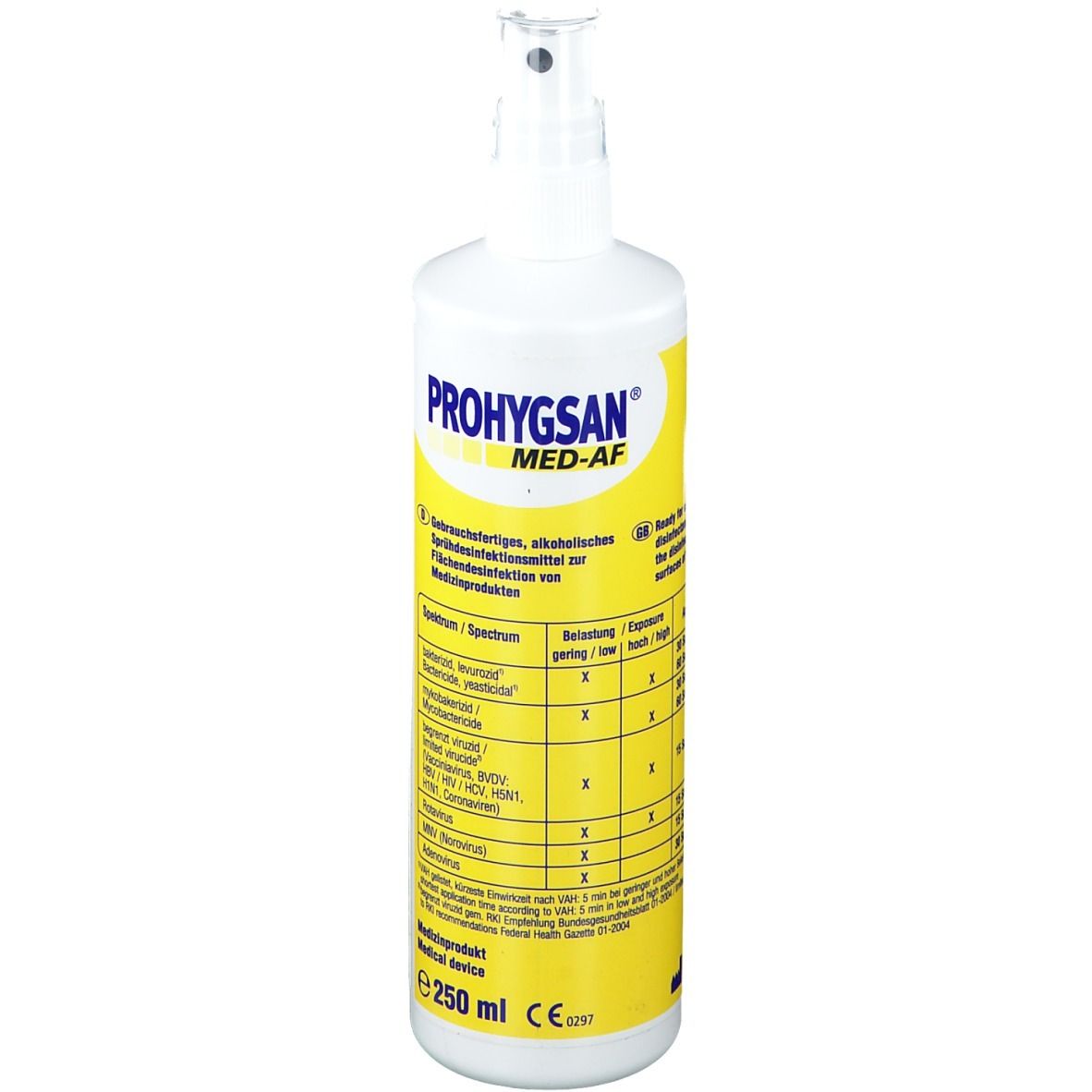 Weiße Flasche mit Sprühkopf. Aufschrift: Prohygsan® Med-AF. Gelbes Etikett mit Informationen. Medizinprodukt.