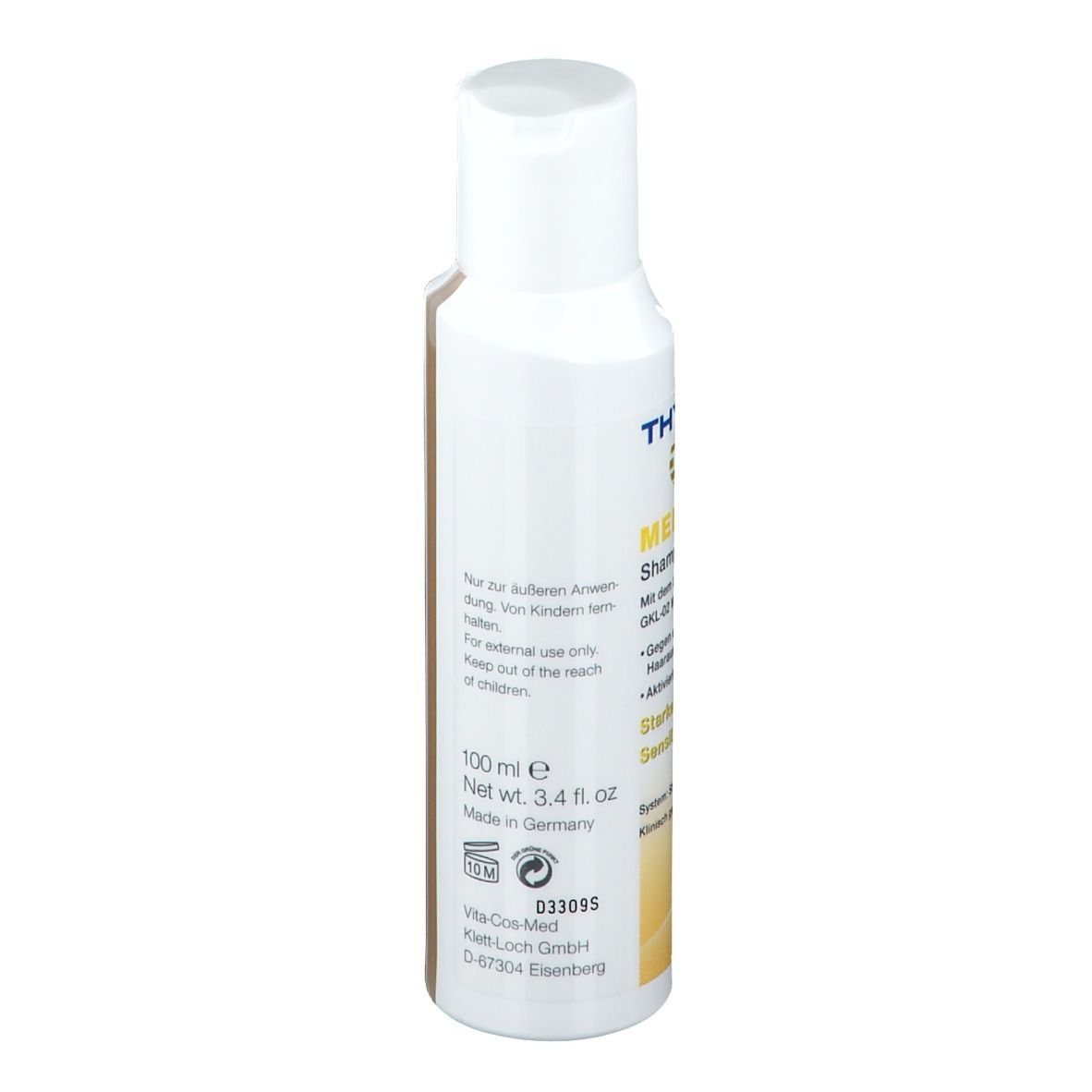 Weiße Flasche mit weißem Deckel. Aufschrift: Thymuskin MED Shampoo. Text und Angaben zur Herstellung.