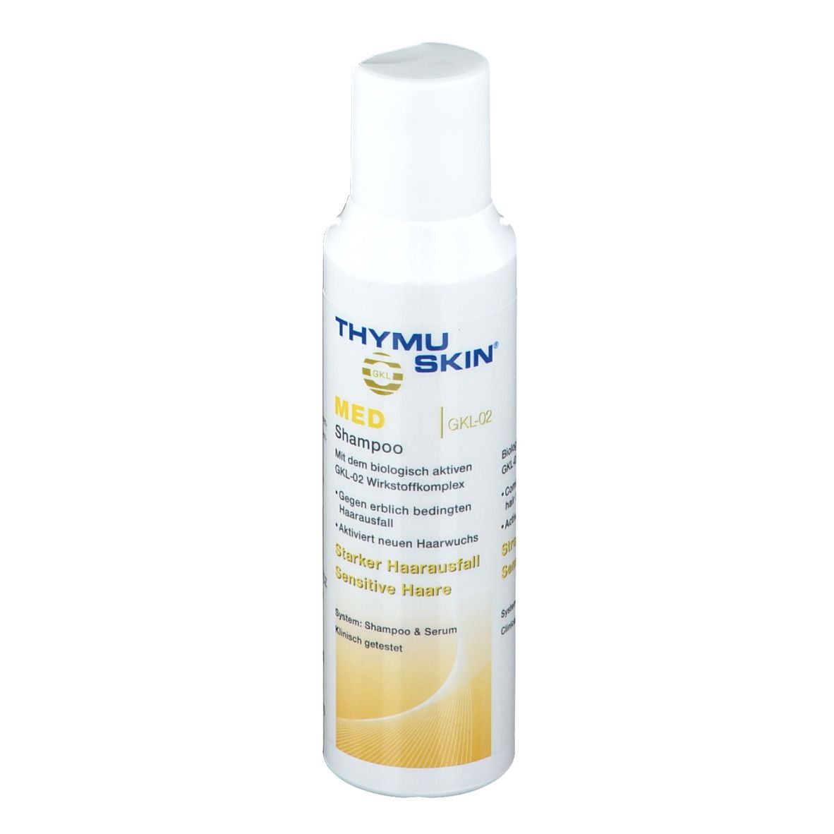 Weiße Flasche mit weißem Deckel. Aufschrift: Thymuskin MED Shampoo. Gelber Hintergrund.