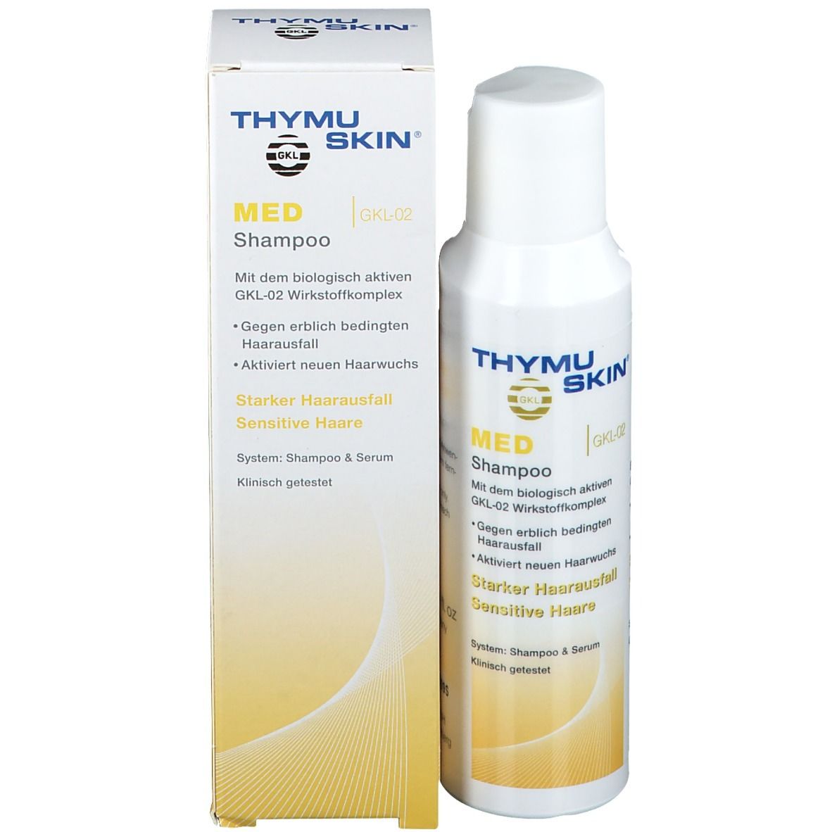 Weiße Flasche und Verpackung. Aufschrift: Thymuskin MED Shampoo. Gelber Hintergrund.