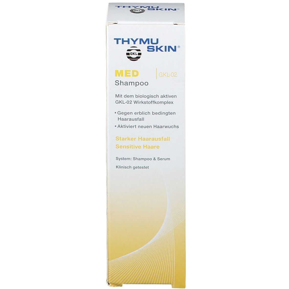Verpackung. Aufschrift: Thymuskin MED Shampoo. Gelber Hintergrund.