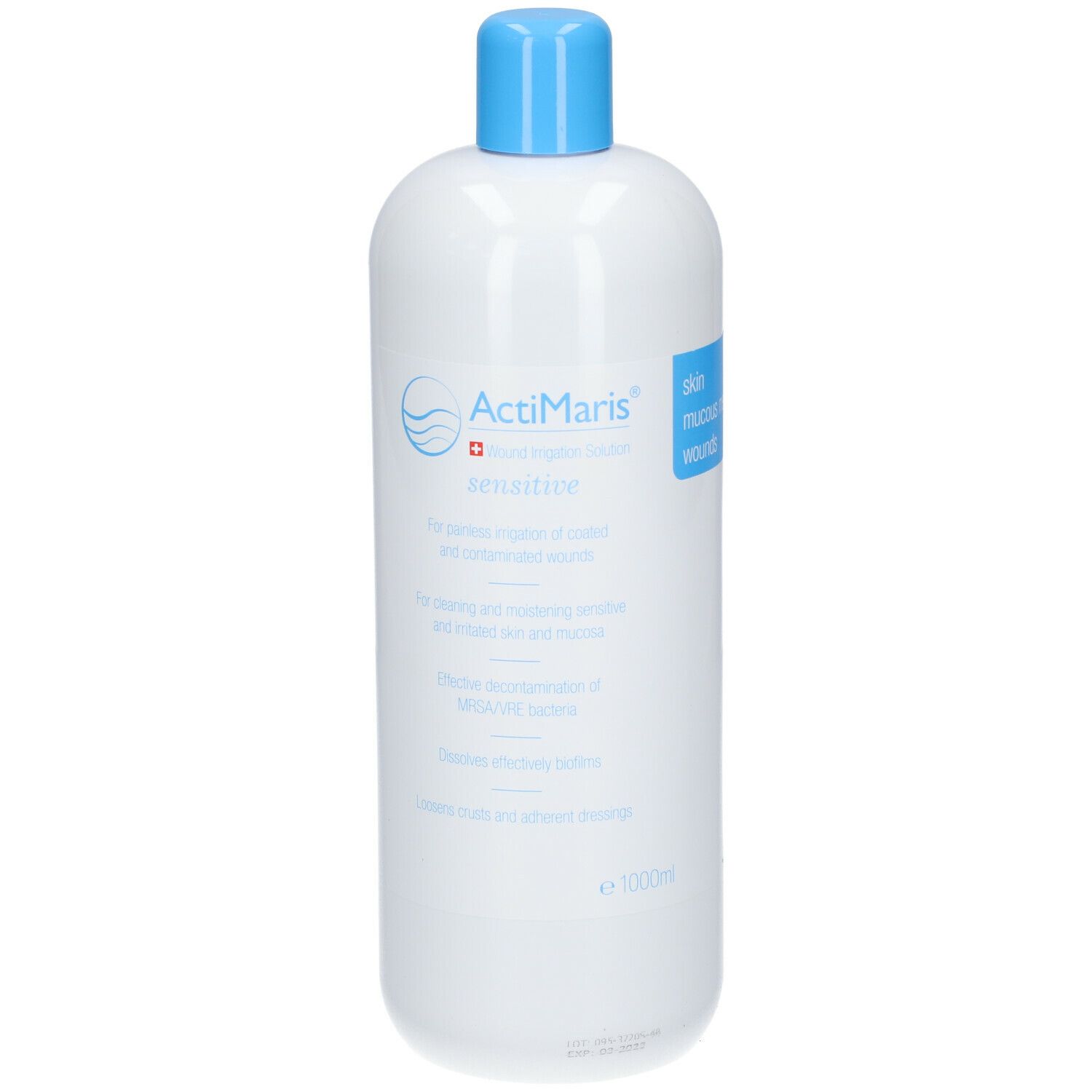 ActiMaris sensitiv. Weiße Flasche mit blauem Verschluss. Text auf Deutsch und Englisch. 1000ml.
