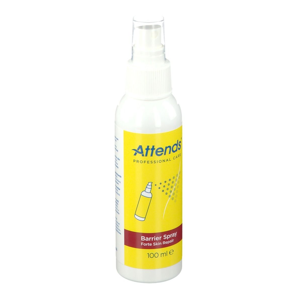Weiße Sprühflasche mit gelbem Etikett. Aufschrift: Attends, Barrier Spray Forte Skin Repair, 100 ml.