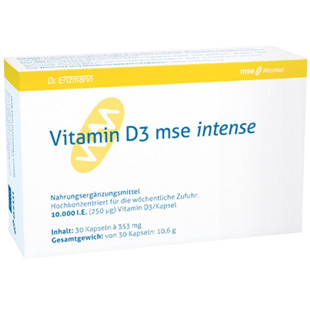 Weiße Schachtel mit gelbem Deckel. Aufschrift: Vitamin D3 mse intense. Enthält 30 Kapseln. Marke: mse MitoMed.