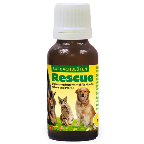 Braune Flasche mit weißem Deckel. Etikett mit "Rescue" und Abbildungen von Pferd, Katze und Hund. Text: "Ergänzungsfuttermittel".