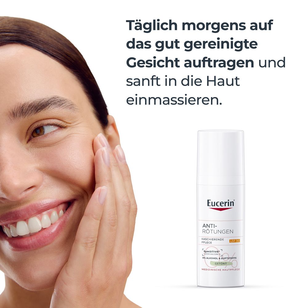 Frau trägt Creme auf. Text: Morgens auf gereinigtes Gesicht auftragen und sanft einmassieren. Produktname nicht sichtbar.