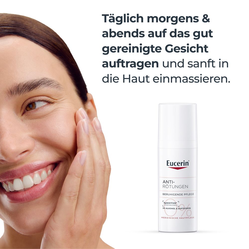 Frau trägt Creme auf. Eucerin Anti-Rötungen. Morgens & abends auf gereinigtes Gesicht auftragen. Sanft einmassieren.