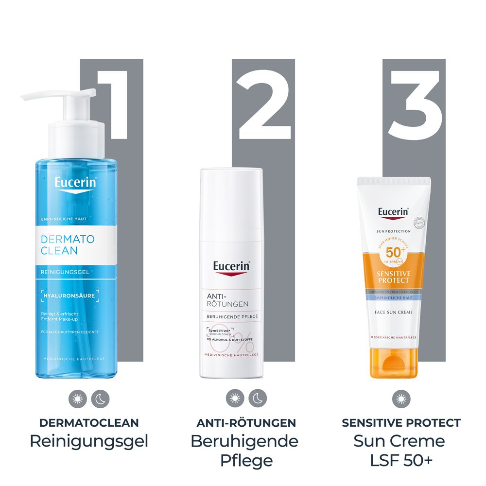 Drei Eucerin Produkte. Dermatoclean Reinigungsgel, Anti-Rötungen Beruhigende Pflege, Sensitive Protect Sun Creme LSF 50+.