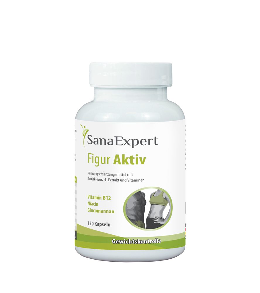 Weiße Flasche mit SanaExpert Figur Aktiv. Kapseln mit Vitaminen und Glucomannan. 120 Kapseln. Gewichts-kontrolle.
