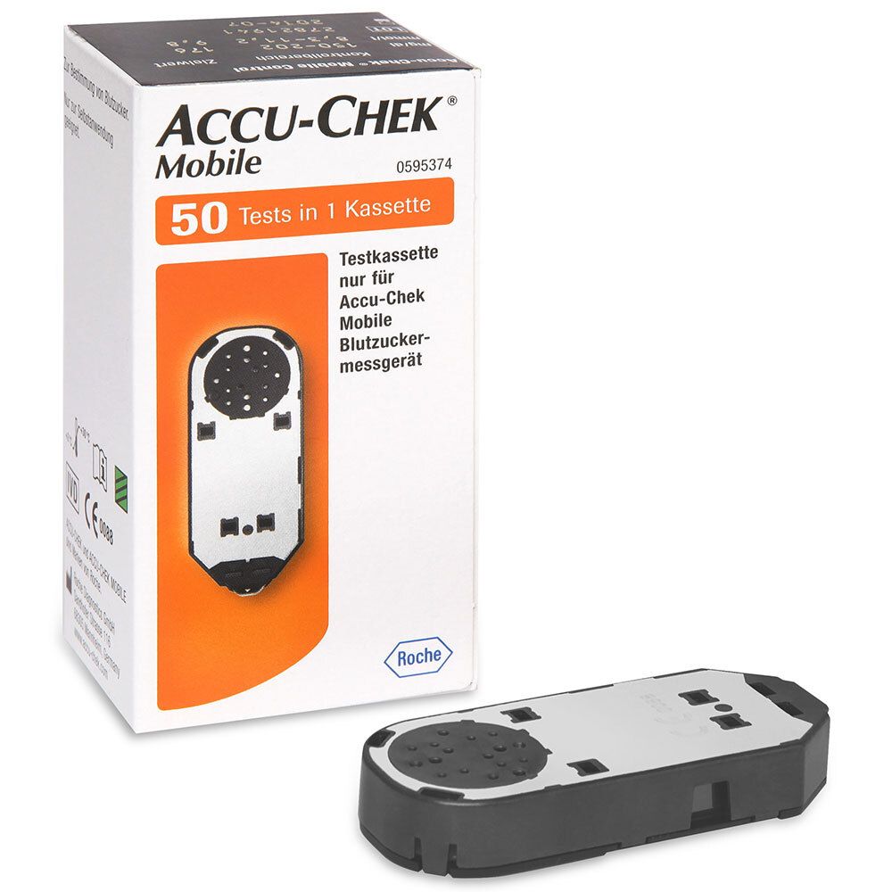 ACCU-CHEK Mobile Testkassette und Kassette. 50 Tests. Schwarze Kassette neben Verpackung. Roche Logo.