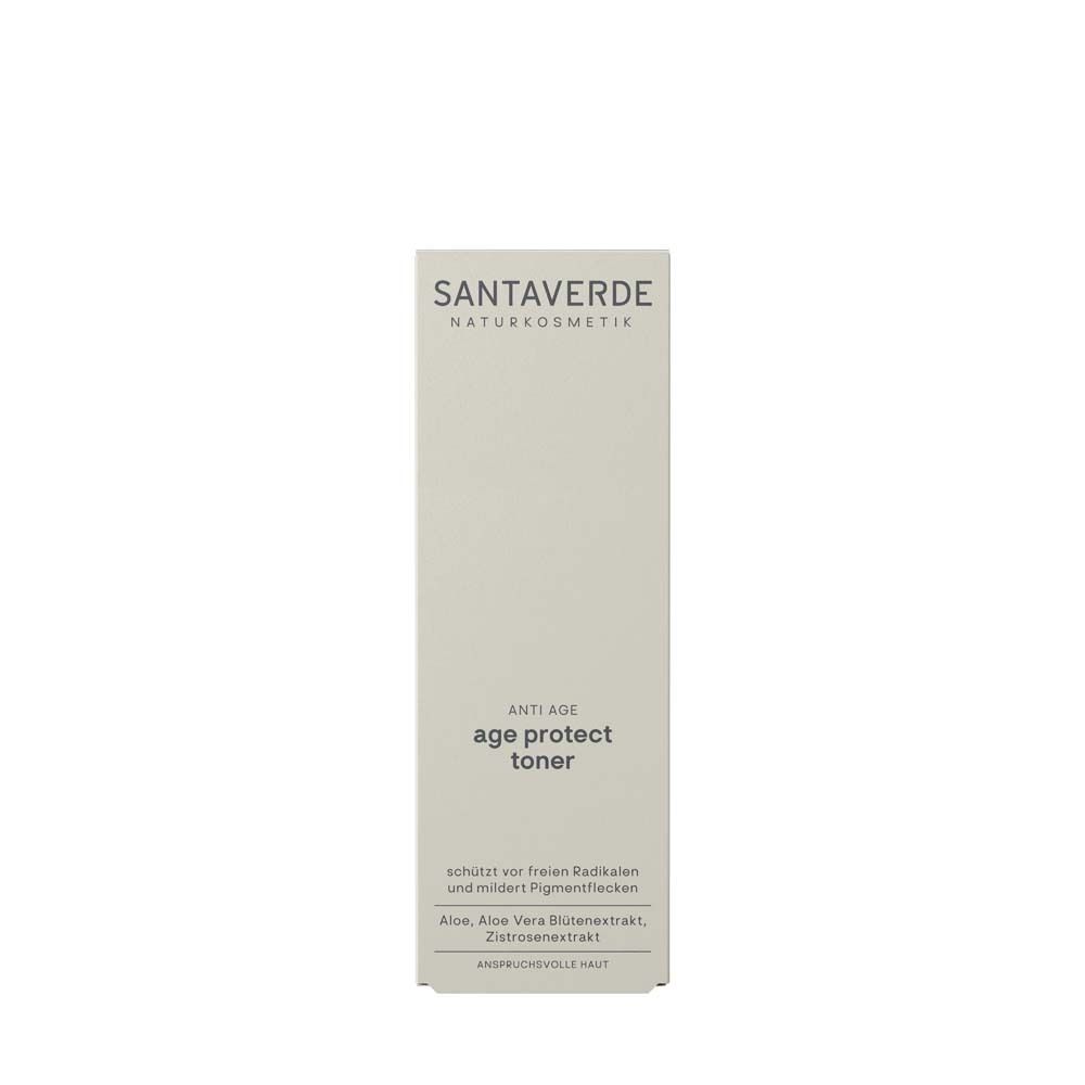 Kartonverpackung. Aufschrift: SANTAVERDE, age protect toner. Text: schützt vor freien Radikalen, mildert Pigmentflecken.