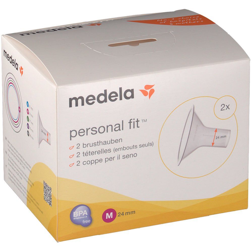Verpackung mit zwei Brusthauben. Aufdruck: Medela PersonalFit, 24 mm, M. BPA-frei.