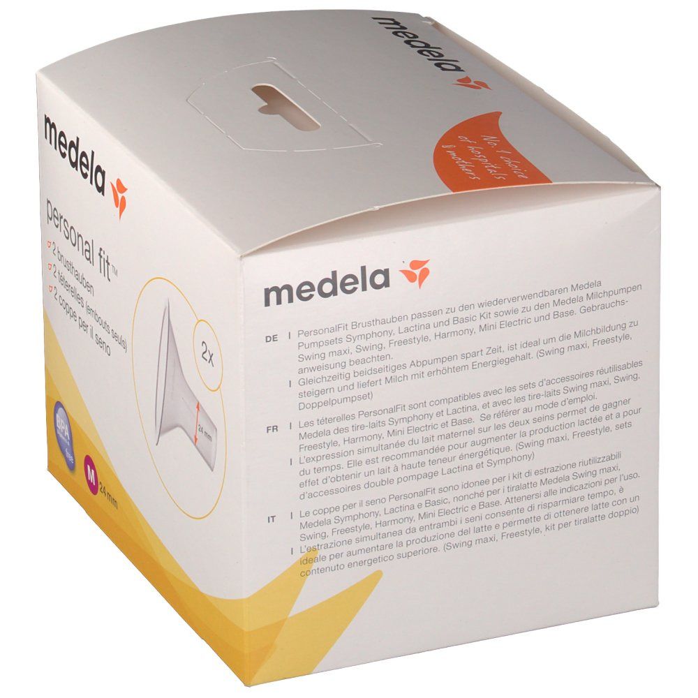 Verpackung mit Produktinformationen. Aufdruck: Medela PersonalFit, 2 Brusthauben, 24 mm, M.