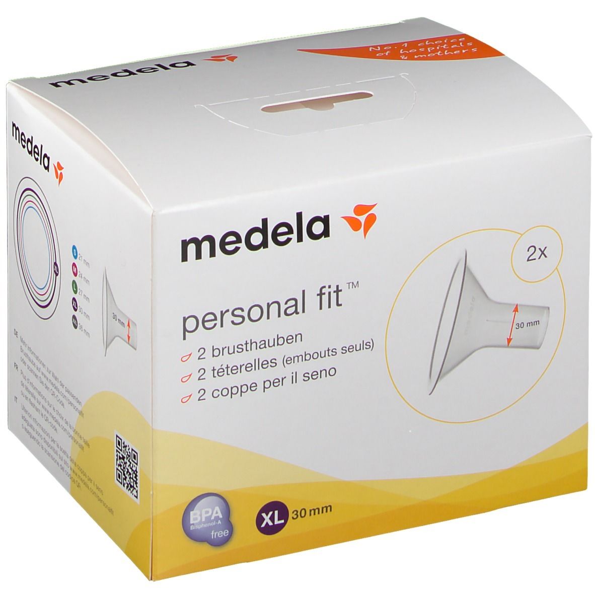 Verpackung mit zwei Brusthauben. Aufdruck: Medela, PersonalFit, XL 30 mm. BPA-frei.