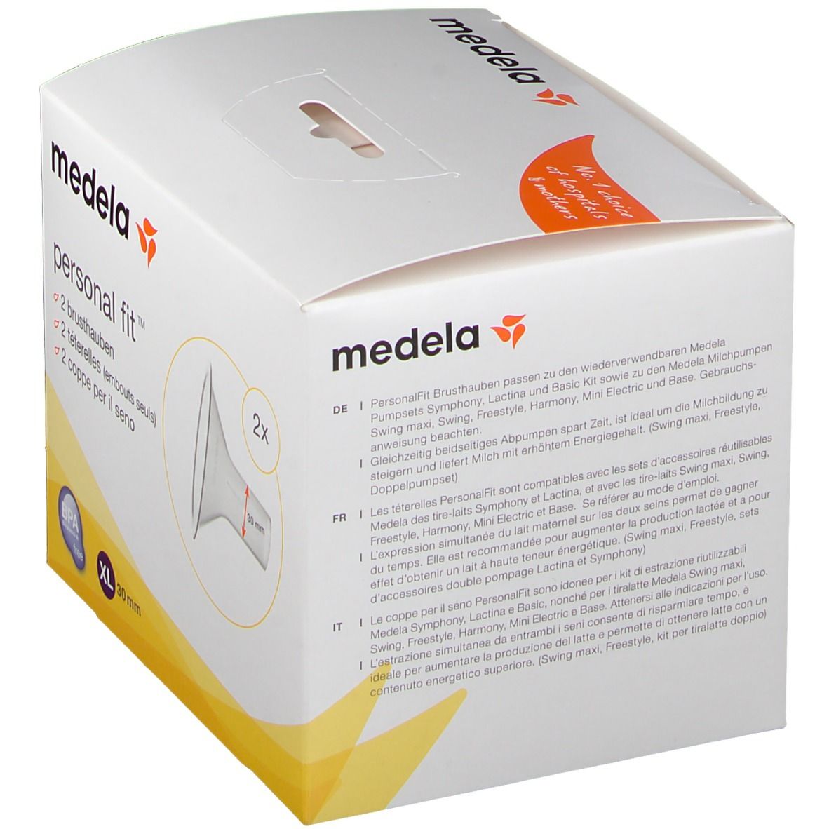 Verpackung mit Text und Produktabbildung. Aufdruck: Medela, PersonalFit, XL 30 mm. 2 Brusthauben.