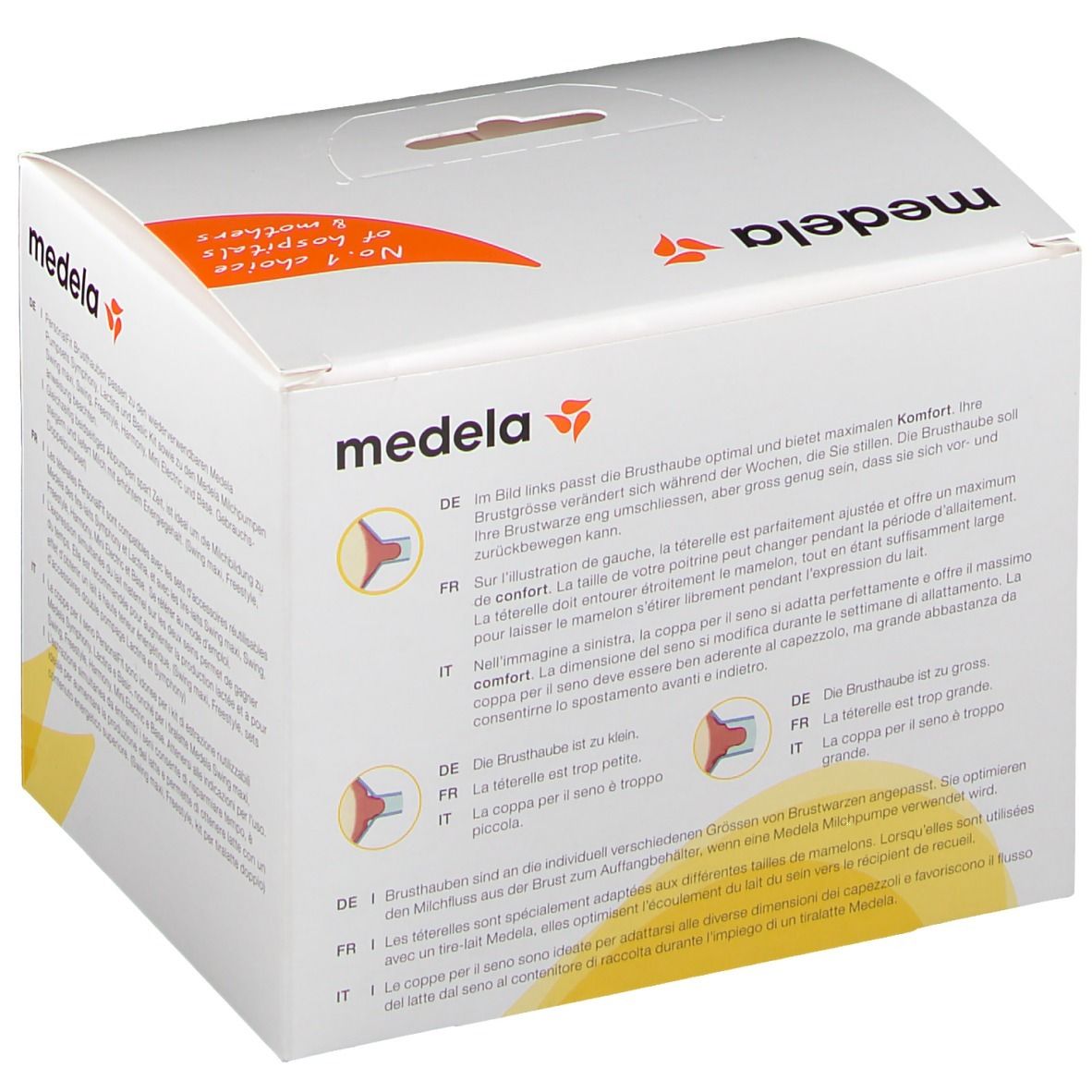 Verpackung mit Text und Produktabbildung. Aufdruck: Medela. Illustrationen zur Brusthaubenwahl.