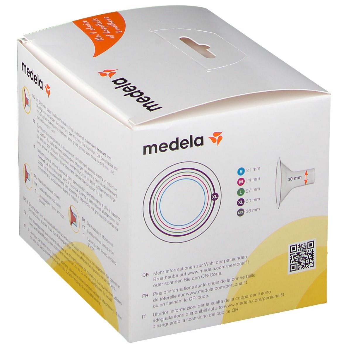 Verpackung mit Text und Produktabbildung. Aufdruck: Medela. QR-Code und Größenangaben.