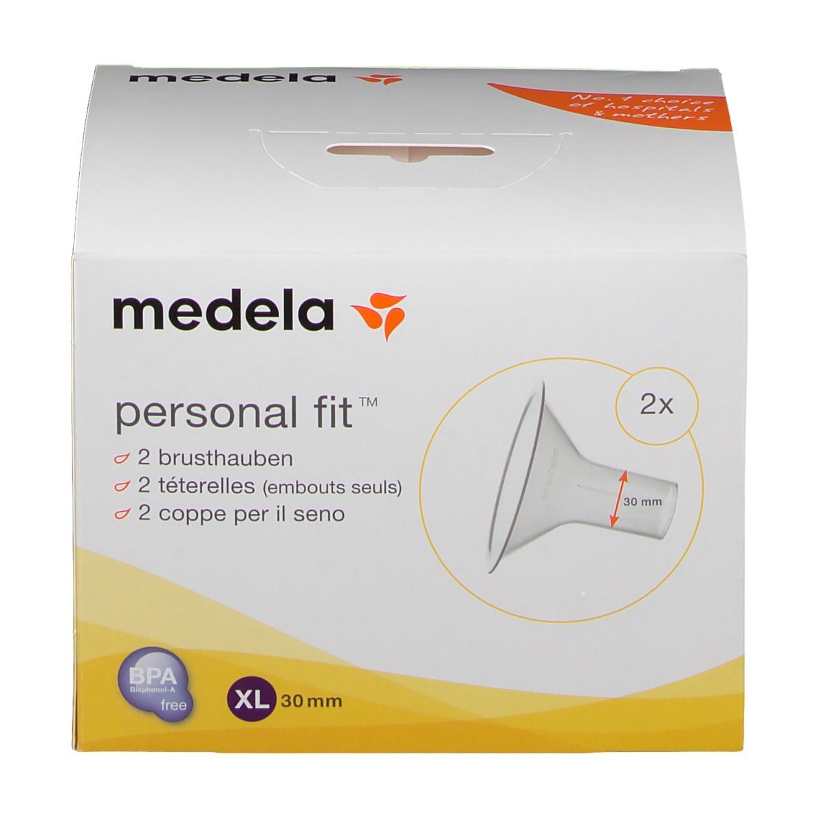Verpackung mit zwei Brusthauben. Aufdruck: Medela, PersonalFit, XL 30 mm. BPA-frei.