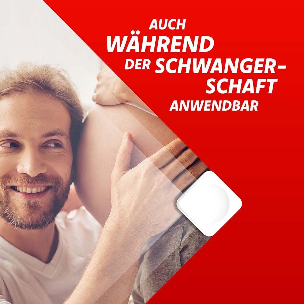 Paar, Frau schwanger. Text: Auch während der Schwangerschaft anwendbar.