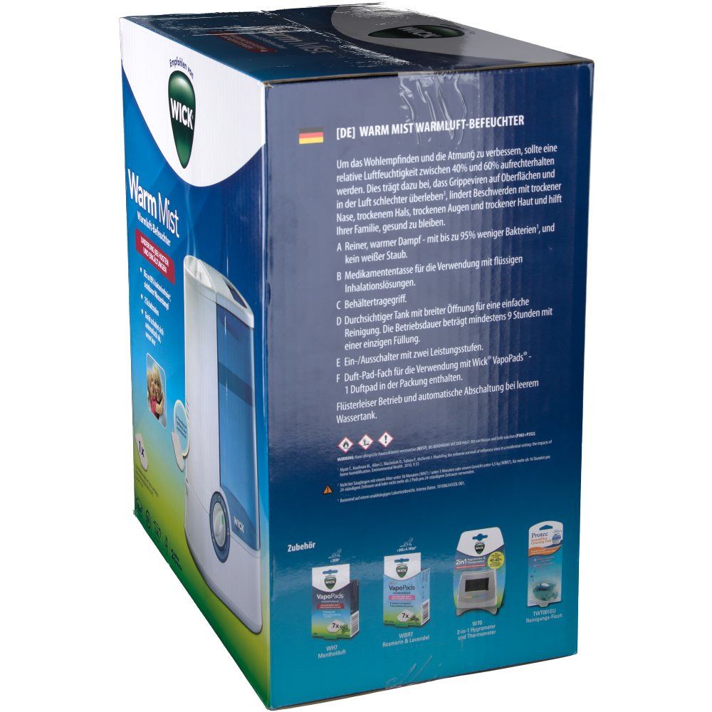 Rückseite der Verpackung des Luftbefeuchters. Text in Deutsch. Produktabbildung. Logo: WICK. Abbildungen von Zubehör und Inhaltsstoffen.