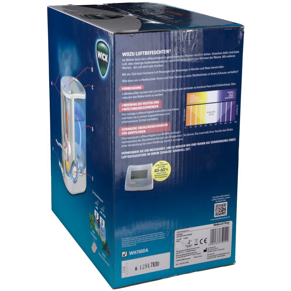 Rückseite der Verpackung des Luftbefeuchters. Text und Diagramme zur Funktionsweise. Logo: WICK. CE-Kennzeichnung. Modellnummer: WH750DA.