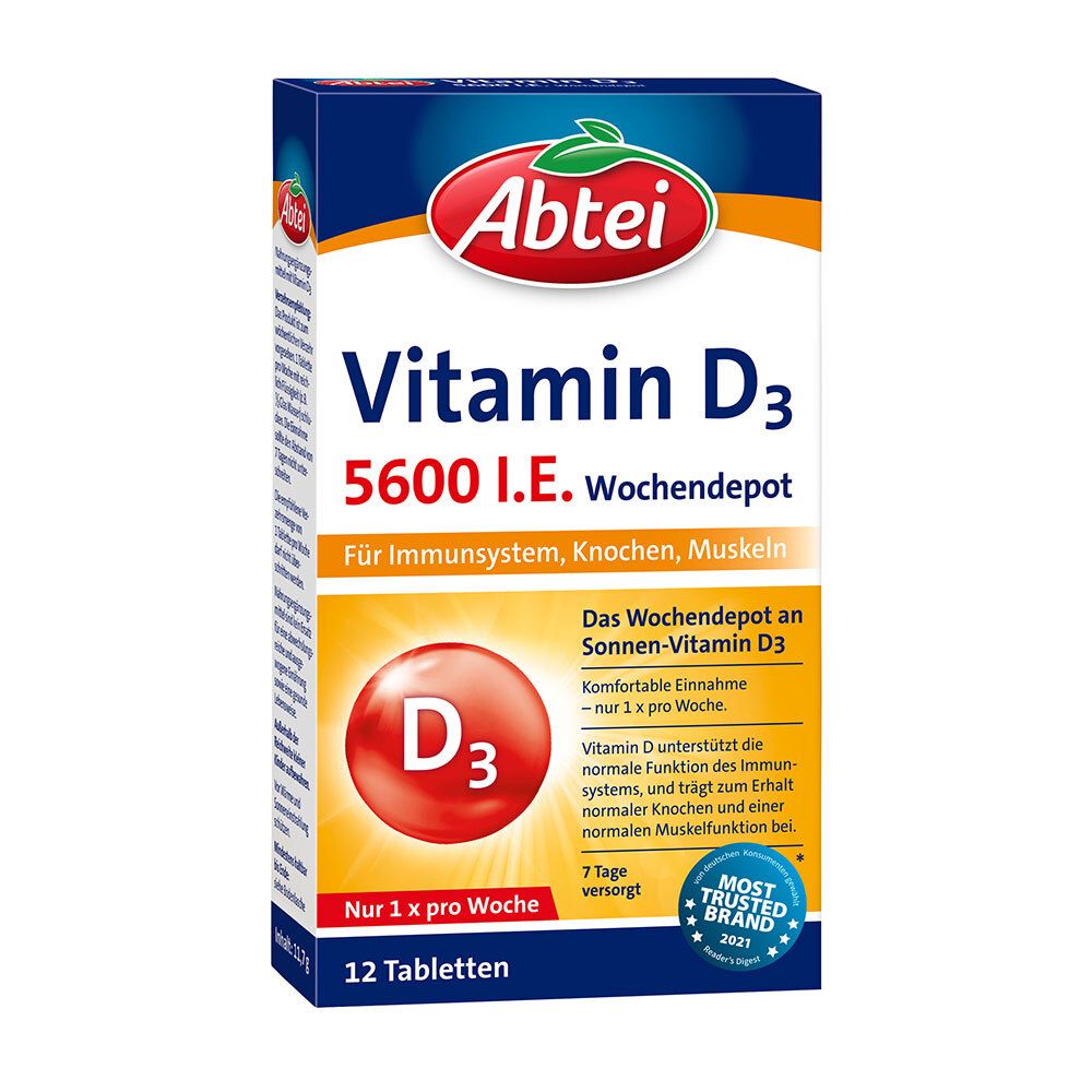 Abtei Vitamin D3-Packung. Enthält 12 Tabletten. Aufschrift: 5600 I.E. Wochendepot. Für Immunsystem, Knochen, Muskeln. Mit Qualitätssiegel.