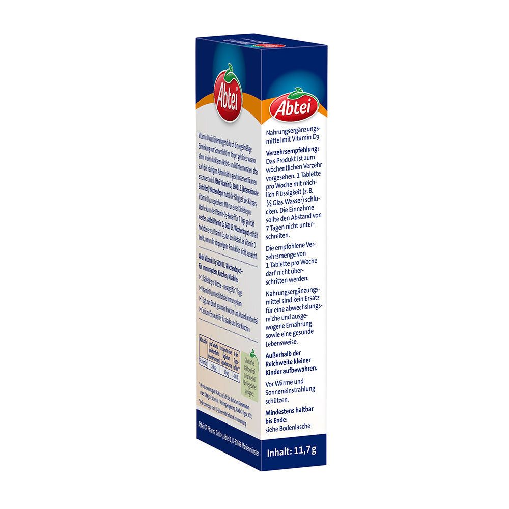 Abtei Vitamin D3-Packung, Rückseite. Enthält 12 Tabletten. Mit Nährwertangaben und Warnhinweisen. Inhaltsgewicht: 11,7 g.