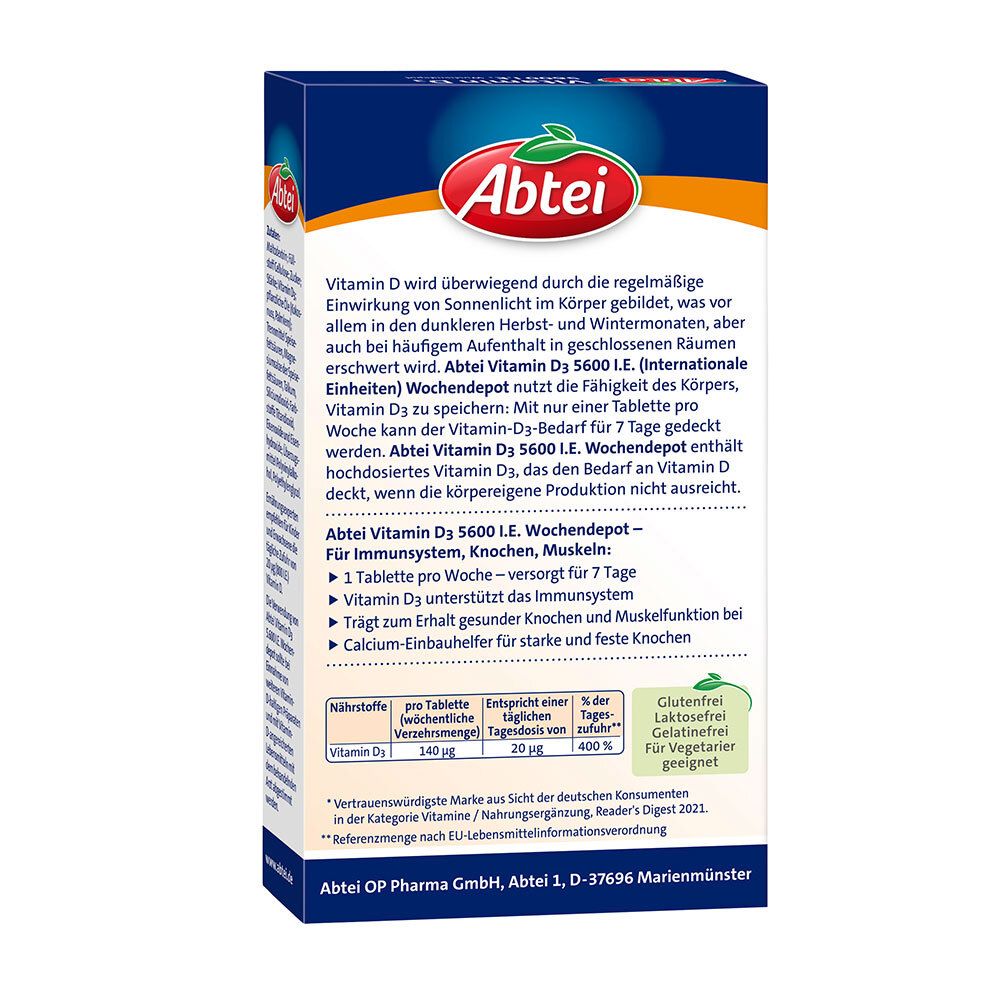 Rückseite der Abtei Vitamin D3-Packung. Enthält 12 Tabletten. Mit Informationen zur Anwendung und Inhaltsstoffen. Glutenfrei, laktosefrei.
