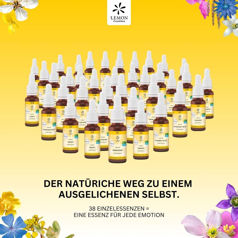 Viele kleine Flaschen mit gelben Etiketten. Auf dem Etikett steht "Lemon Pharma". Text: "Der natürliche Weg zu einem ausgeglichenen Selbst".