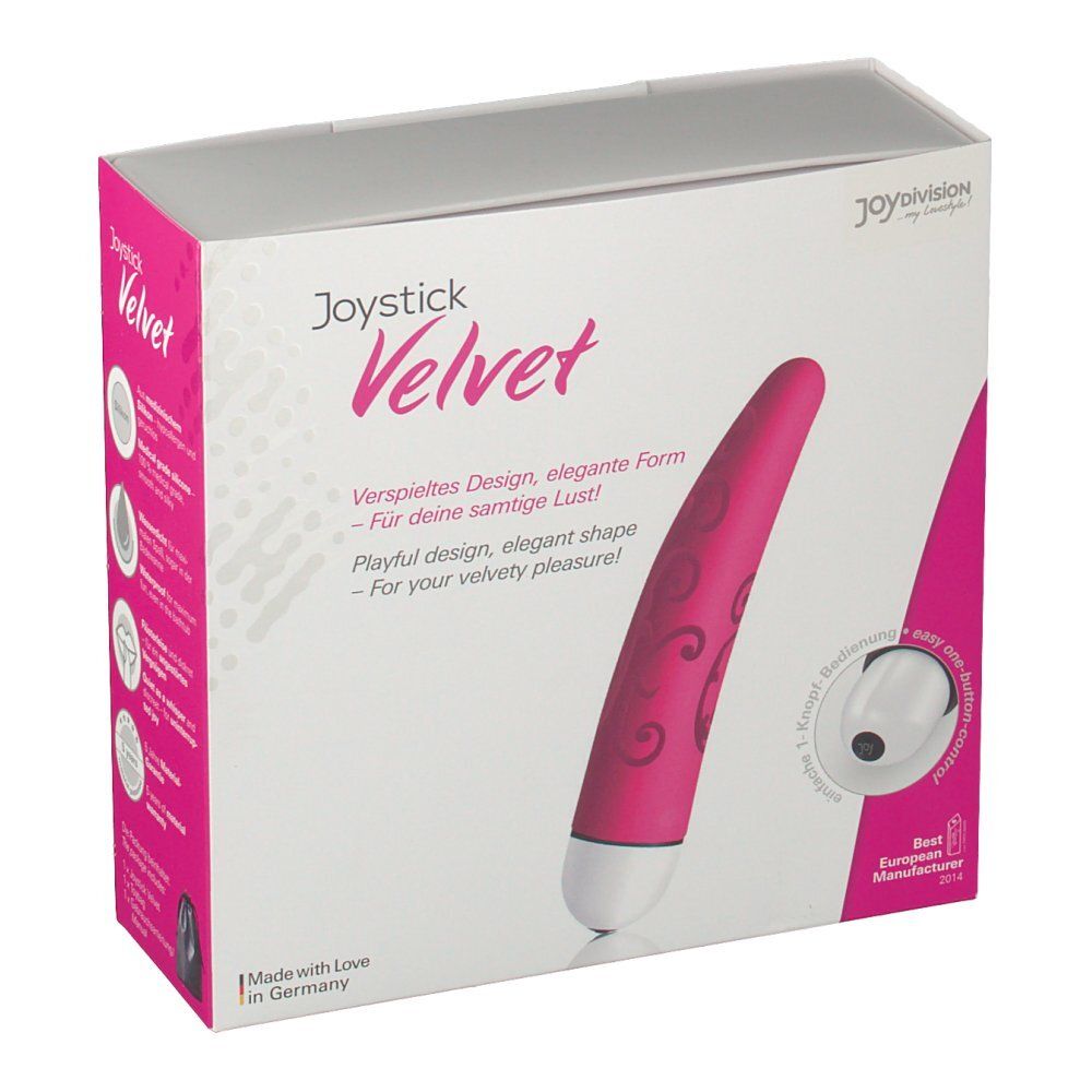 Rosa Joystick Velvet in Verpackung. Aufschrift: Verspieltes Design, elegante Form. Mit Logo und Zertifizierung.