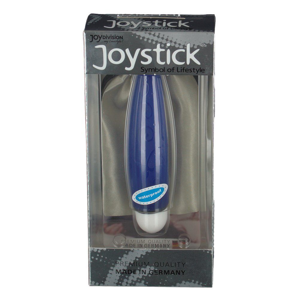 Blauer Joystick mini Velvet in Verpackung. Sichtbar: Marke Joystick, wasserdicht-Siegel, transparente Verpackung.