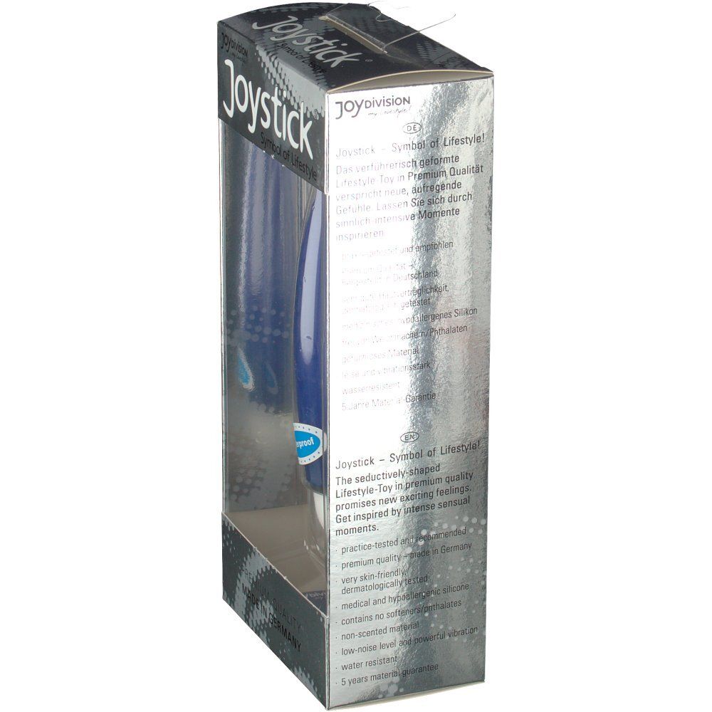 Verpackung des Joystick mini Velvet. Seitliche Ansicht. Text: Joystick, Symbol of Lifestyle, Premium Qualität, Made in Germany.