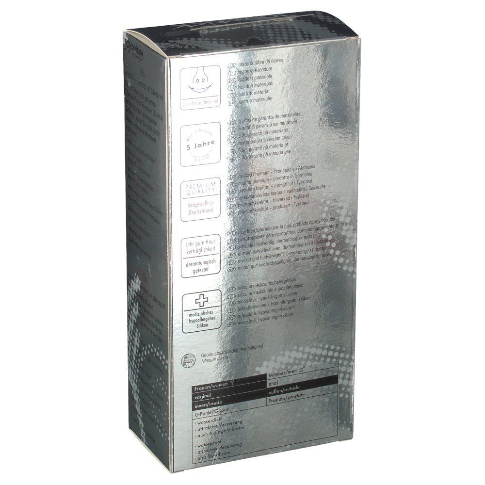 Rückseite der Joystick mini Velvet Verpackung. Text: Premium Qualität, dermatologisch getestet, 5 Jahre Garantie.