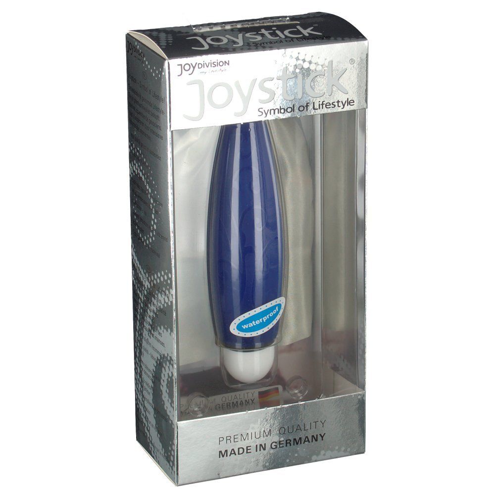Joystick mini Velvet blau in Verpackung. Sichtbar: Marke Joystick, wasserdicht-Siegel, transparente Verpackung.