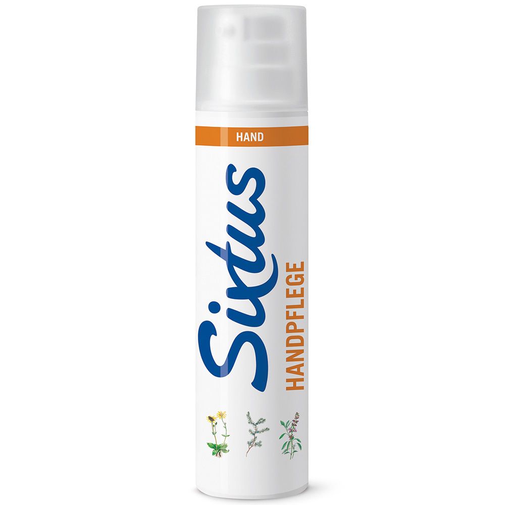 Weiße Sprühflasche mit orangefarbenem Streifen. Sixtus-Logo und HANDPFLEGE-Schriftzug. Pflanzenillustrationen.