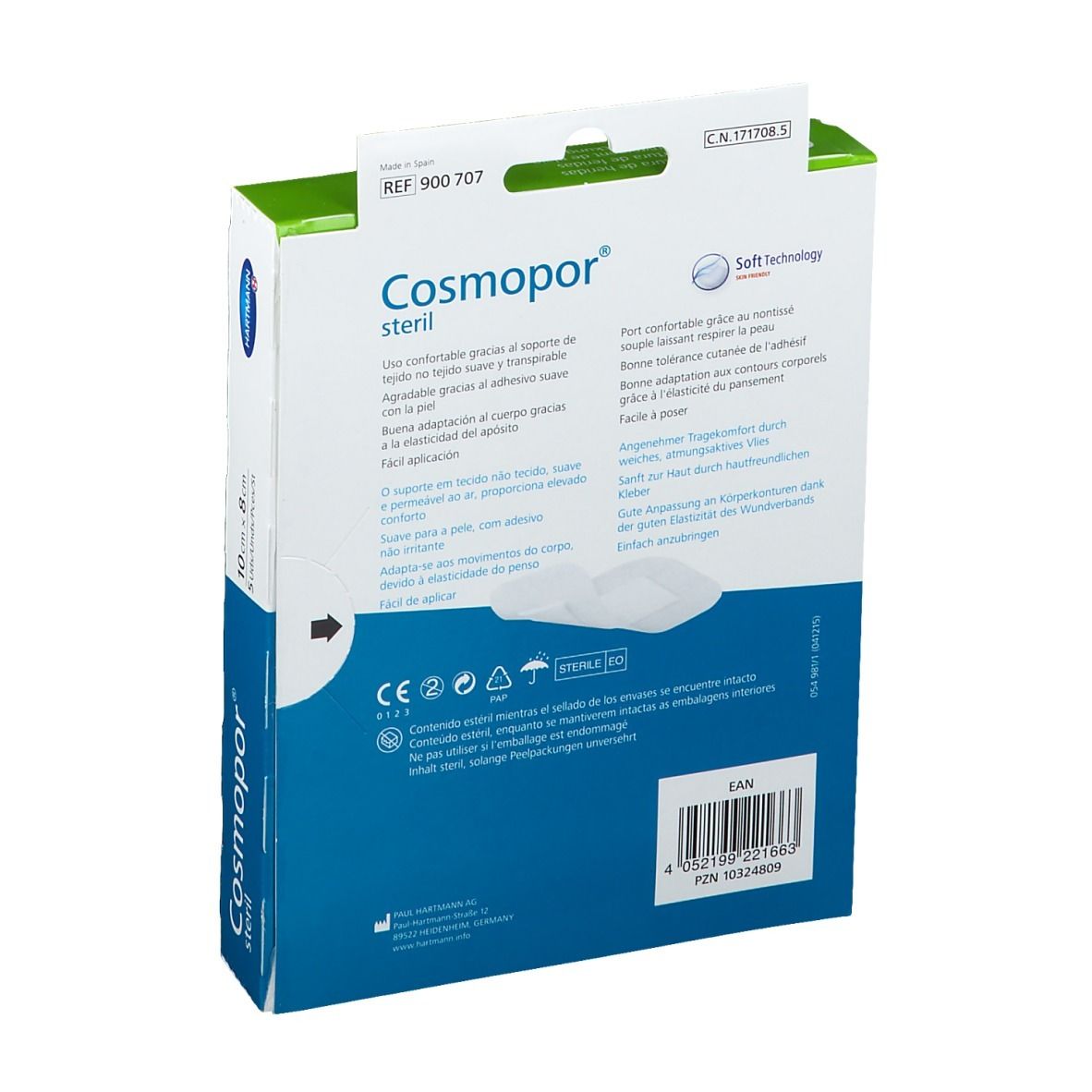 Rückseite der Cosmopor® steril Verpackung. Enthält Produktinformationen, Logos und Zertifizierungen. Text in mehreren Sprachen.