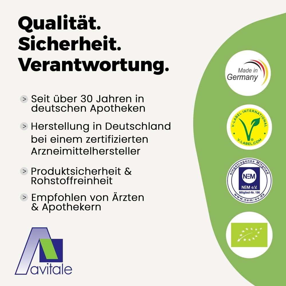 Text: Qualität. Sicherheit. Verantwortung. Logos: Made in Germany, V-Label, NEM, Bio-Siegel.