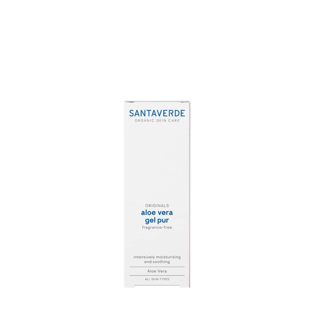Weiße Verpackung mit blauem Aufdruck. SANTAVERDE, aloe vera gel pur fragrance-free. Aufschrift: intensiv feuchtigkeitsspendend und beruhigend.