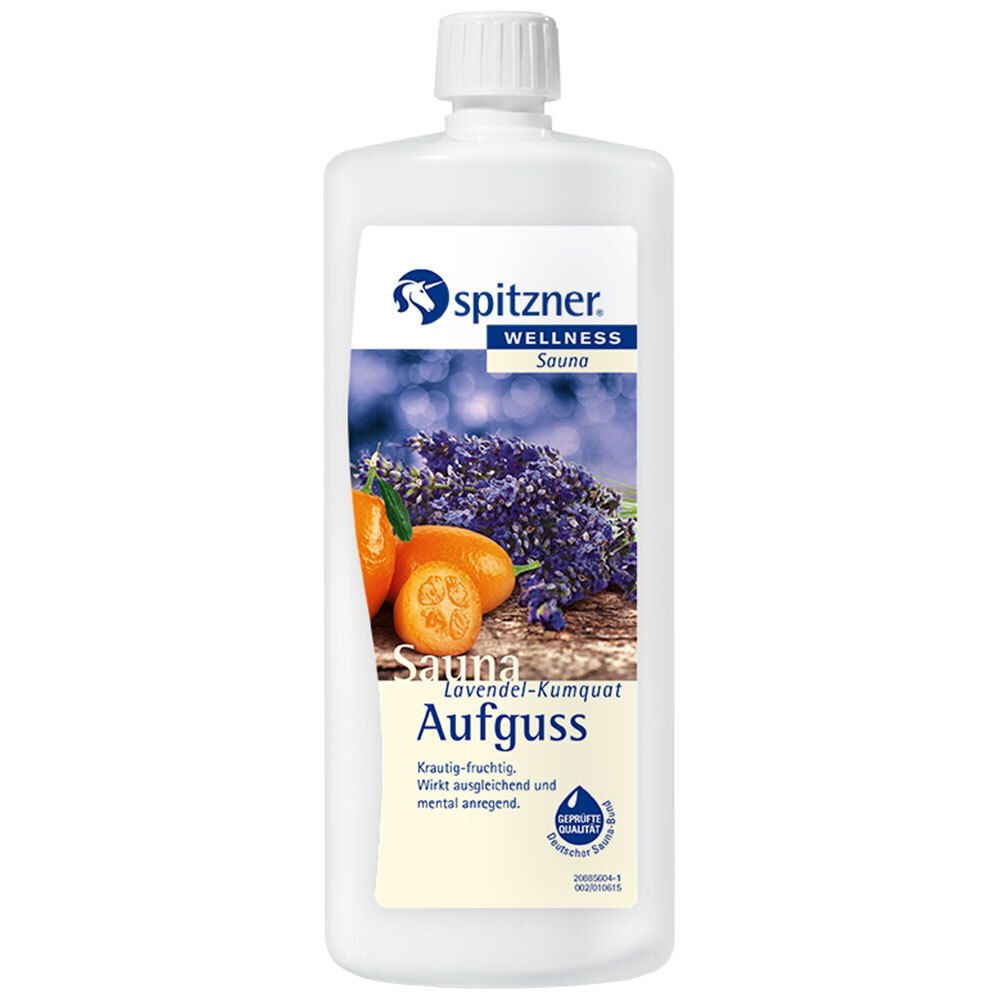 Weißes Fläschchen mit Etikett. Auf dem Etikett: Lavendel, Kumquat, Produktname, Logo und Schriftzug.