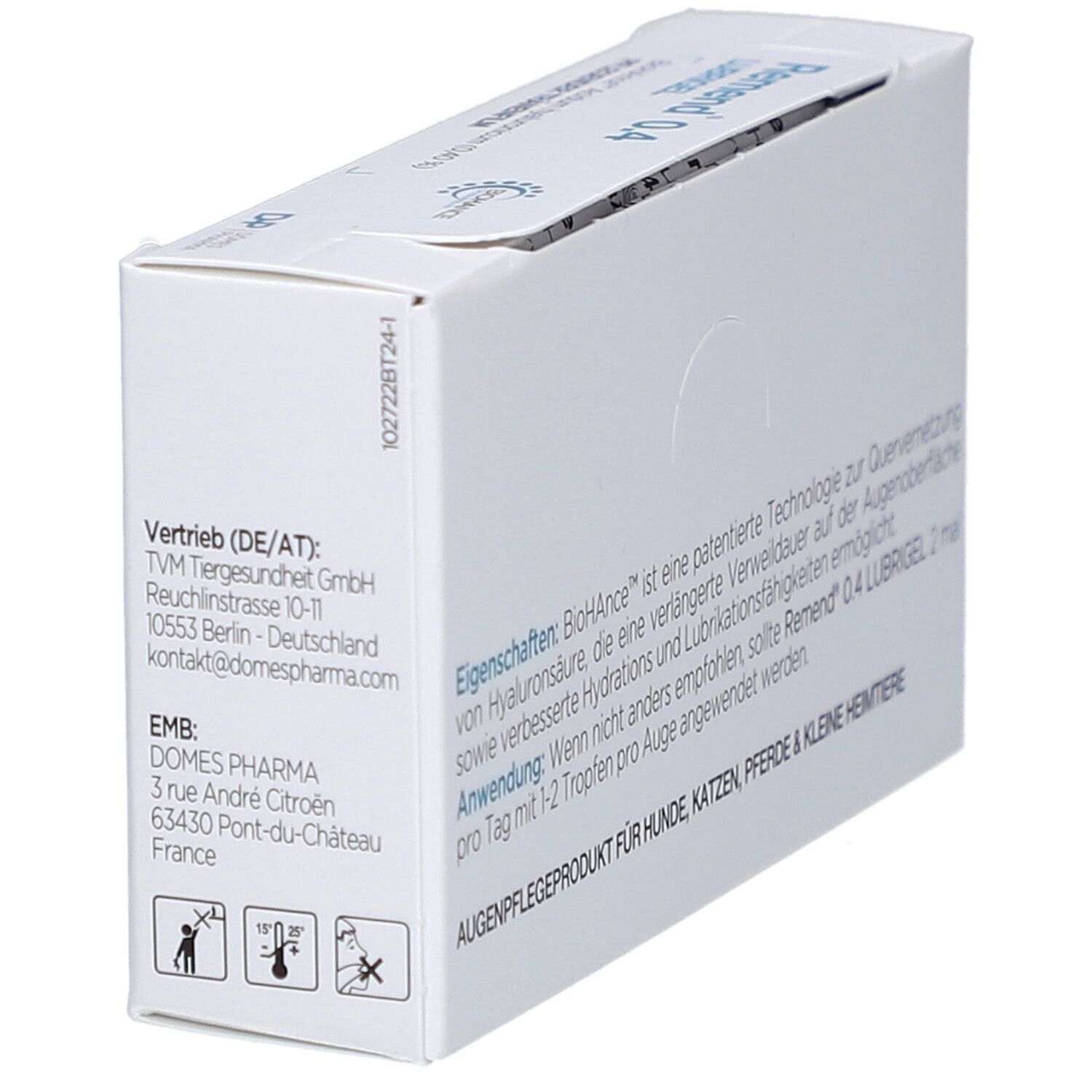 Weiße Verpackung mit "Remend"-Logo und Bayer-Logo. Rückseite mit Text.