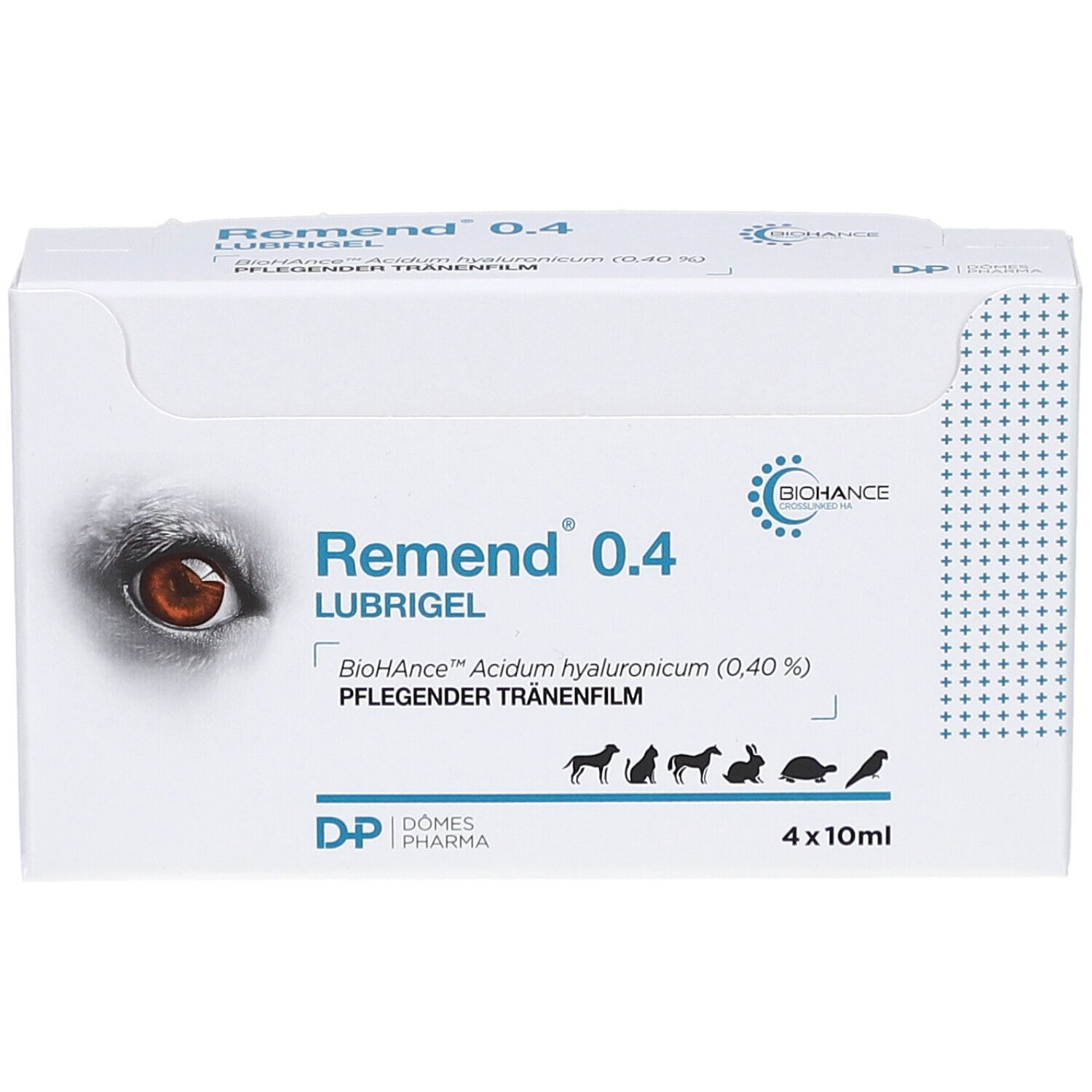 Weiße Verpackung mit "Remend"-Logo und Bayer-Logo. Produktbezeichnung und Tierabbildung. 4 Flaschen.