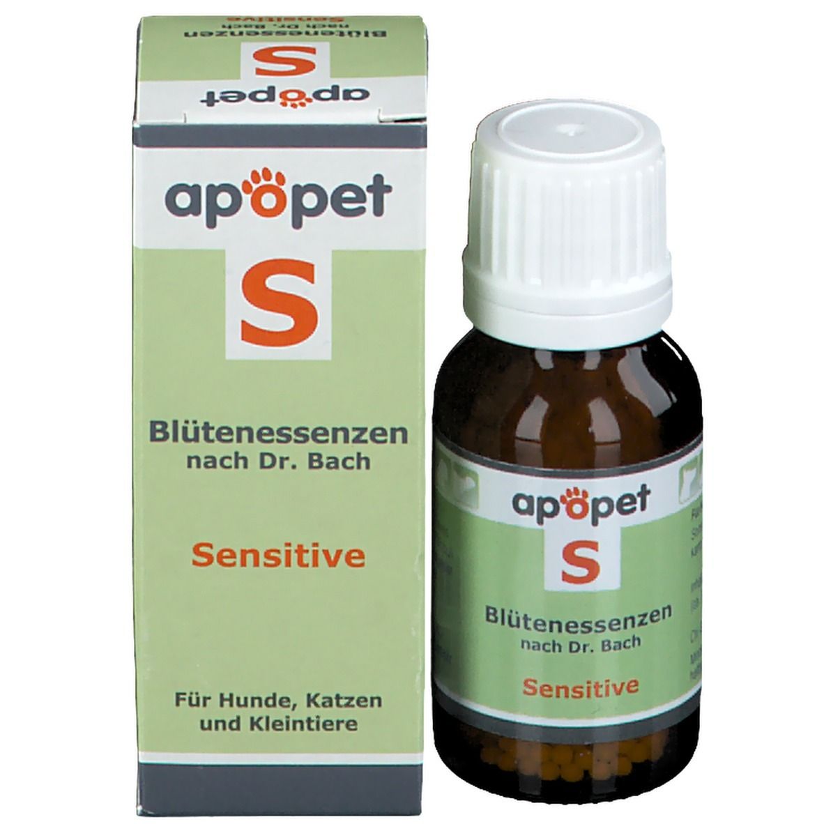 Produktverpackung und Flasche. Verpackung mit Text: apopet S, Blütenessenzen nach Dr. Bach, Sensitive. Für Hunde, Katzen und Kleintiere.