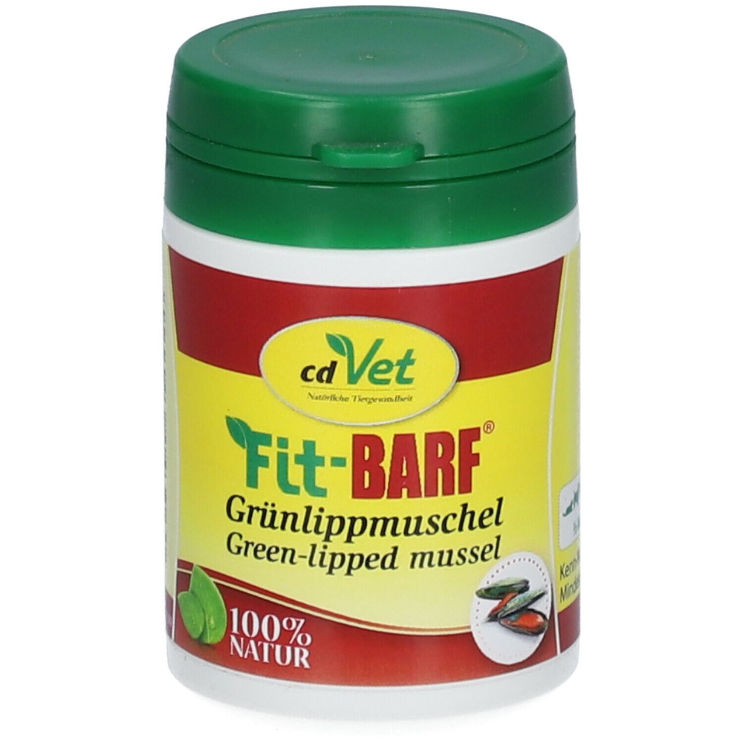 Behälter mit grünem Deckel. Aufschrift: Fit-BARF Grünlippmuschel. 100% Natur. cdVet Logo.