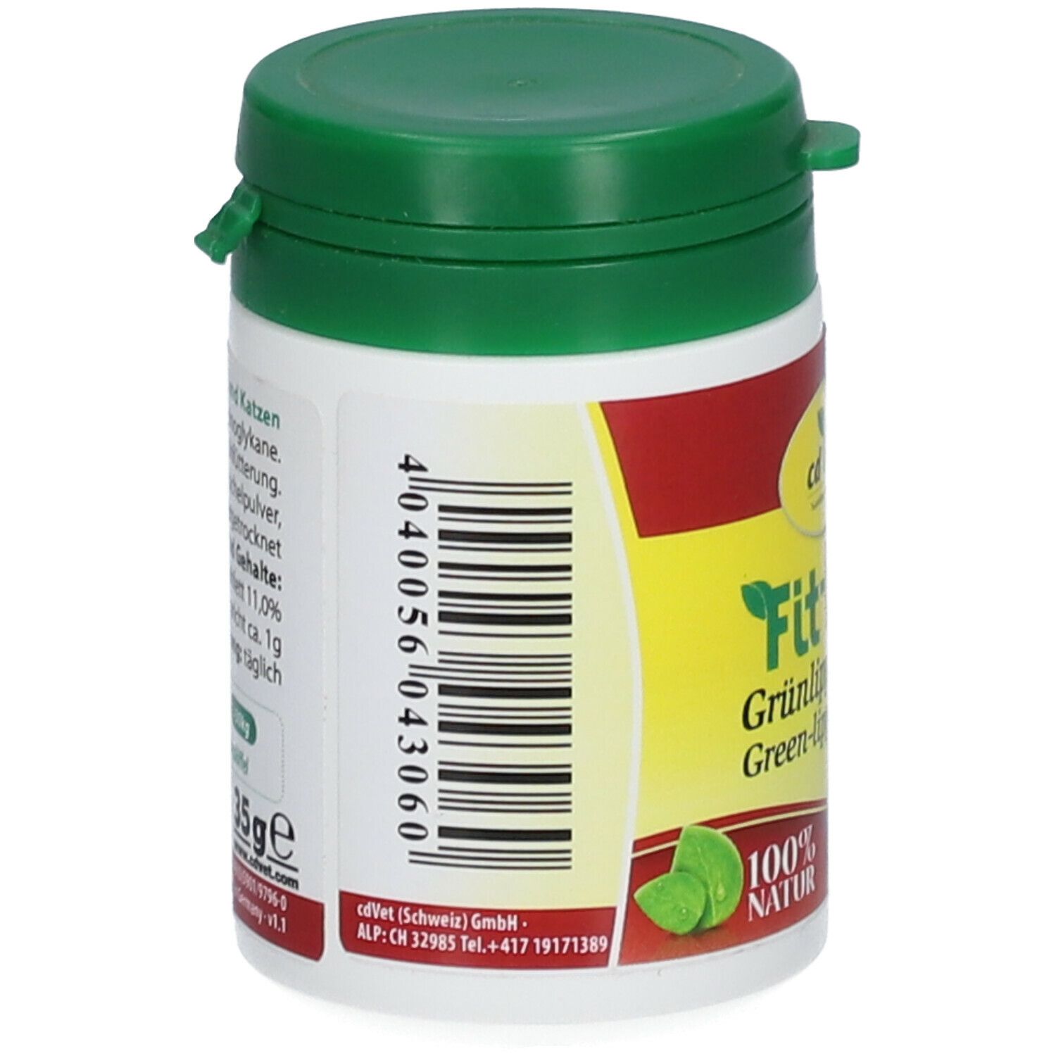 Behälter mit grünem Deckel. Barcode und Text auf weißem Hintergrund. Aufschrift: 35g e. cdVet Logo.