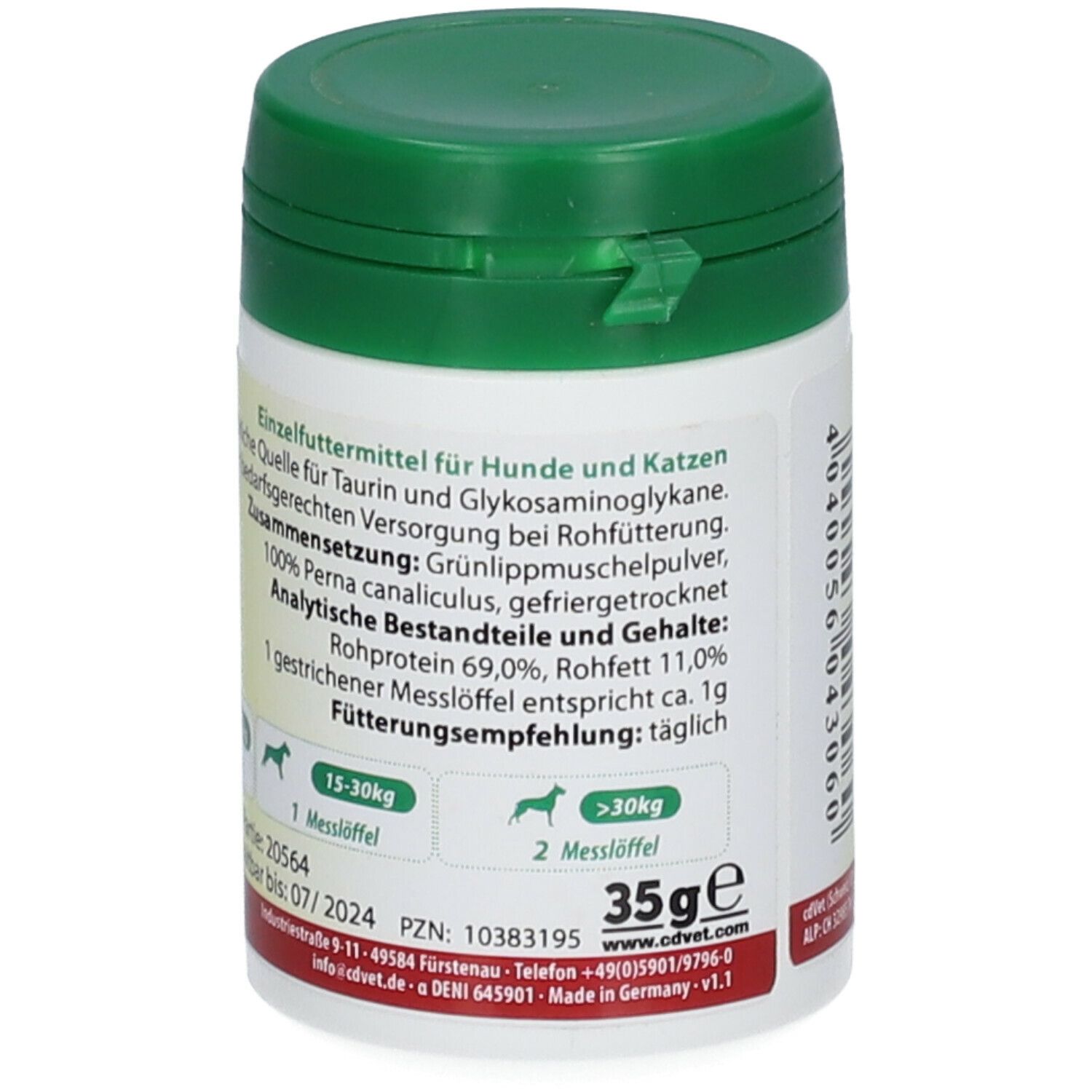 Behälter mit grünem Deckel. Text auf weißem Hintergrund. Aufschrift: 35g e. Fütterungsempfehlung. cdVet Logo.