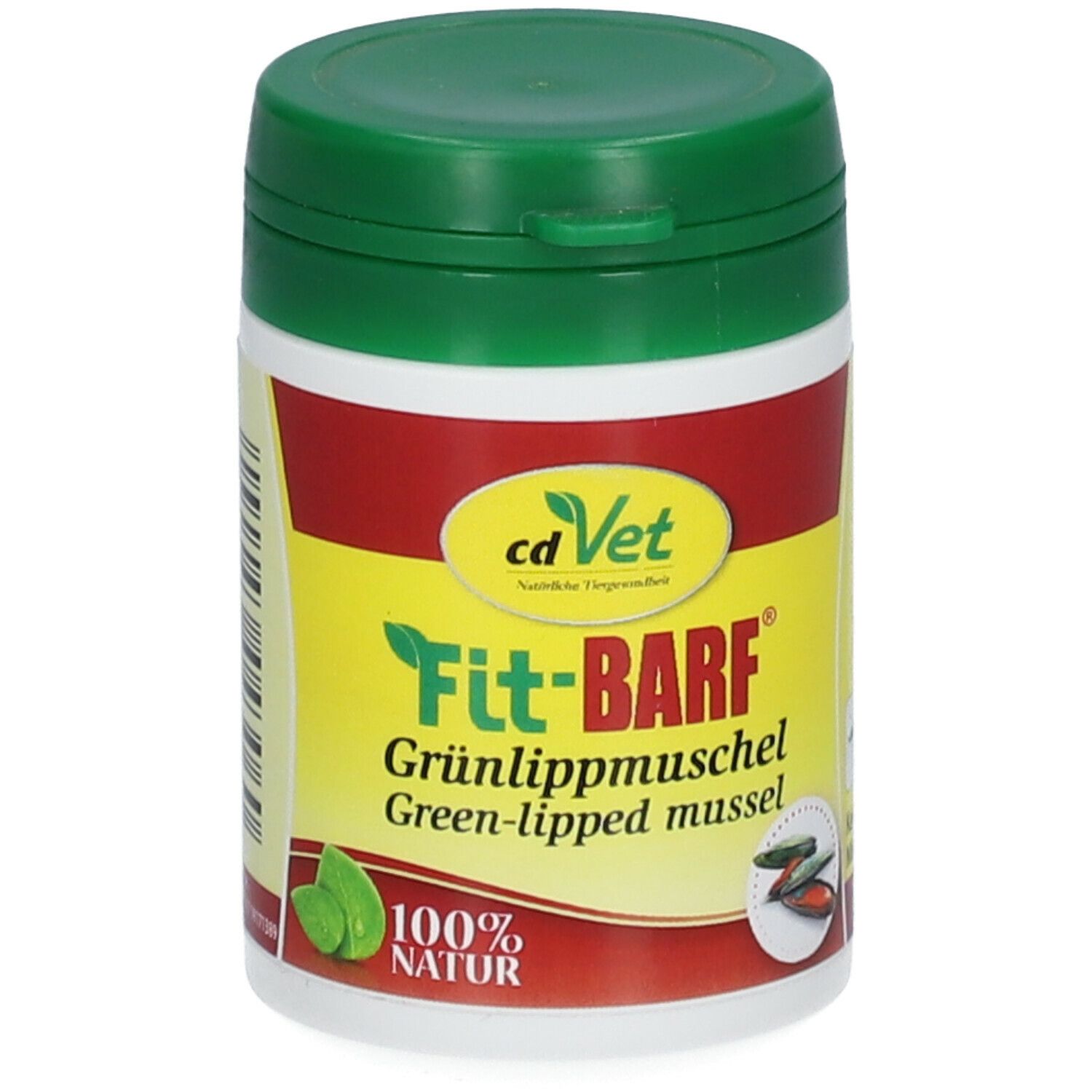 Behälter mit grünem Deckel. Aufschrift: Fit-BARF Grünlippmuschel. 100% Natur. cdVet Logo.